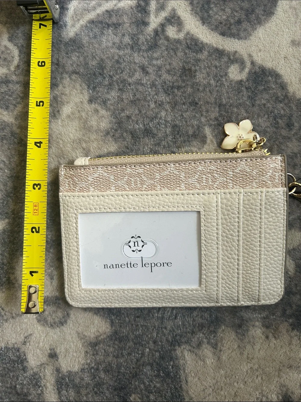 Nanette Lepore Metallic Beige Logo Zip Card Holder with Flower Charm